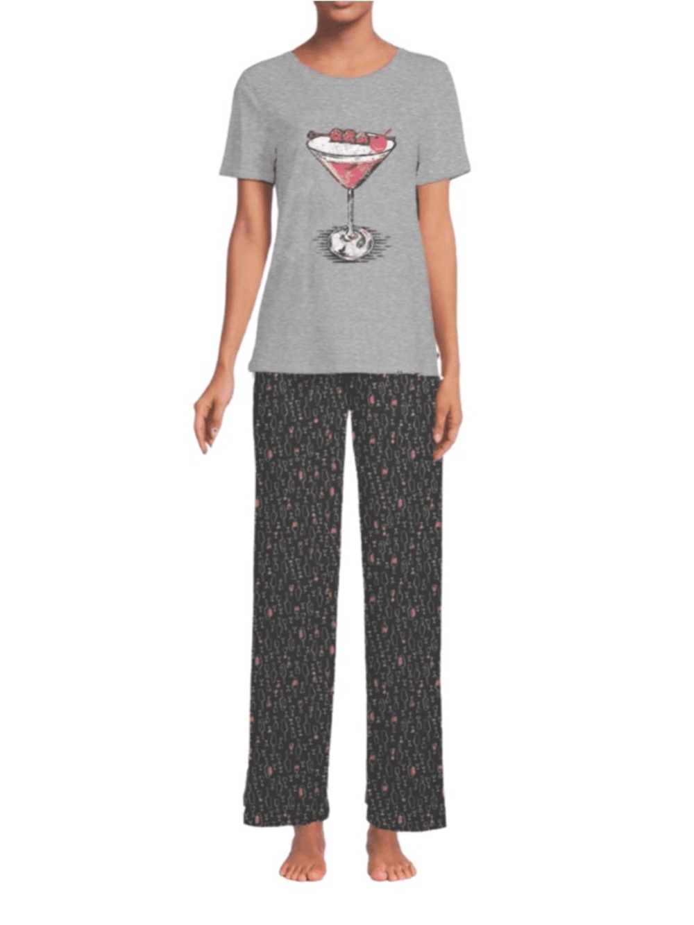 HUE Gray Short-Sleeve Pajama Set with Pink Cocktail Graphic
